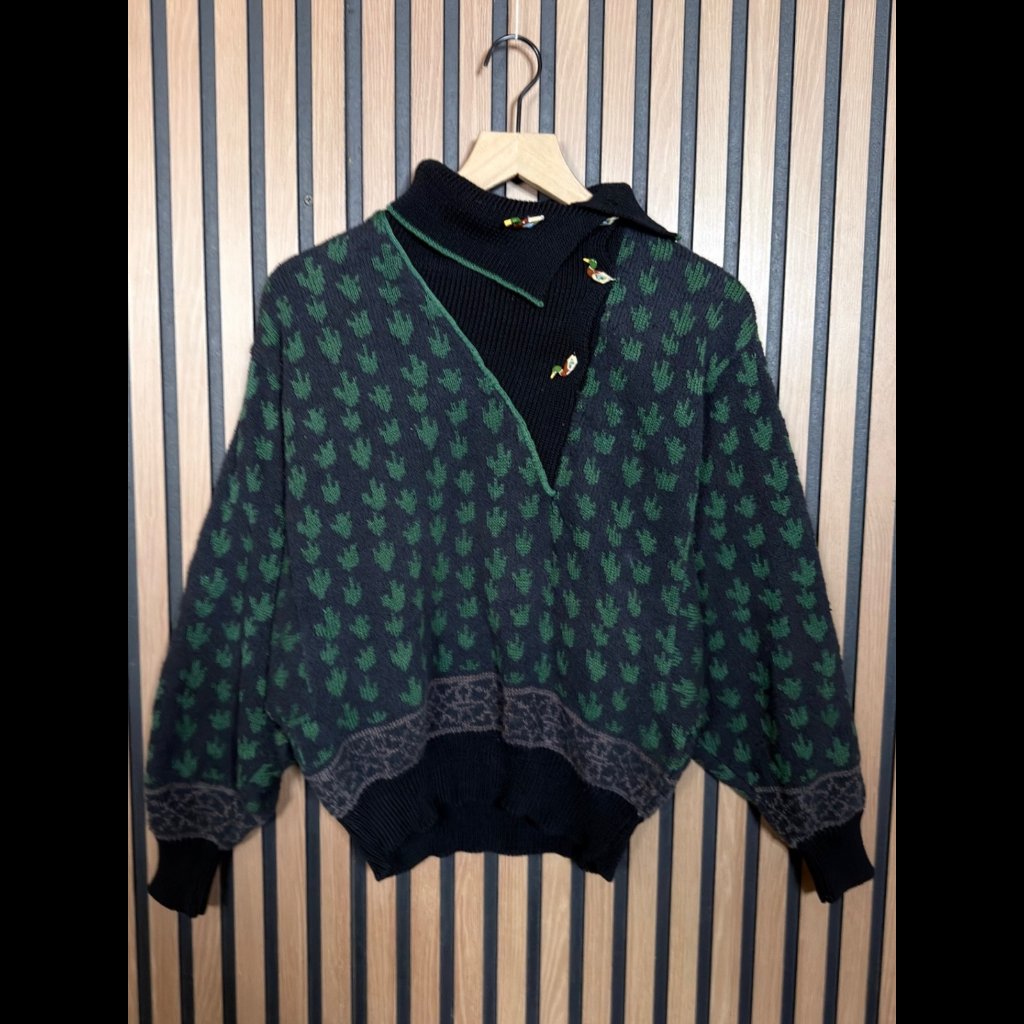 Vintage Dia North Of Boston Sweater Os Green Pond Ducks Button Santana Knit 90s